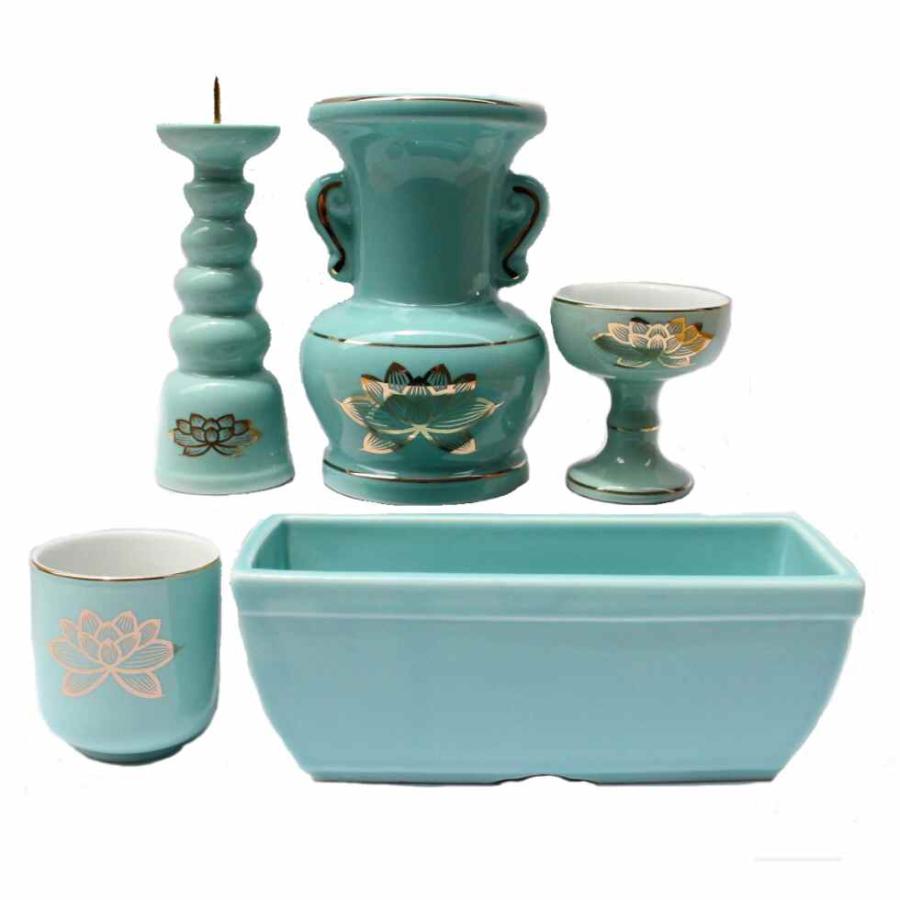 青磁 上金ハス 陶器仏具5点セット 「角香炉」香炉 花立 火立て 青磁 上金ハス 陶器仏具5点セット 「角香炉」香炉 花立 火立て