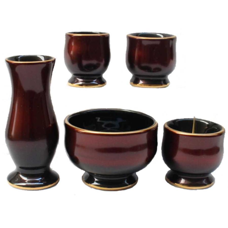 陶彩漆ワインレッド 陶器仏具5点セット 香炉 花立 火立て 仏器 湯呑 