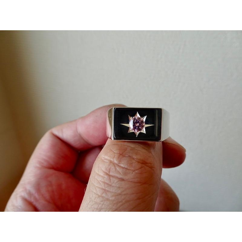 仁尾彫金『一つ星5mmピンクジルコニア印台リング、磨き』ハンドメイド 