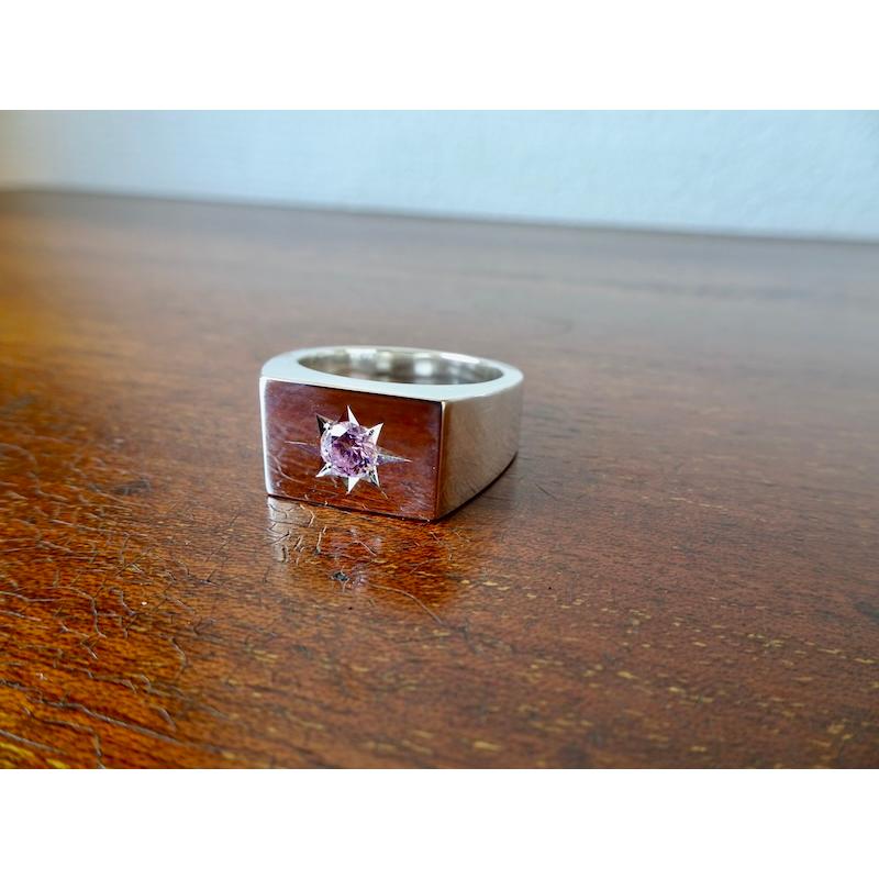 仁尾彫金『一つ星5mmピンクジルコニア印台リング、磨き』ハンドメイド