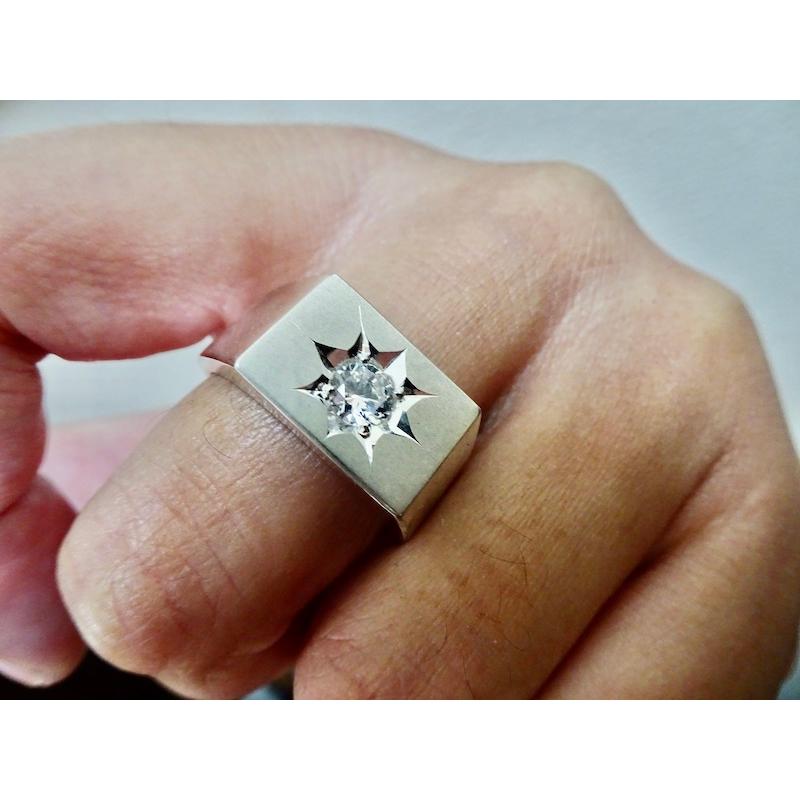 仁尾彫金『一つ星5mmジルコニア、プラチナ印台リング』ハンドメイド 