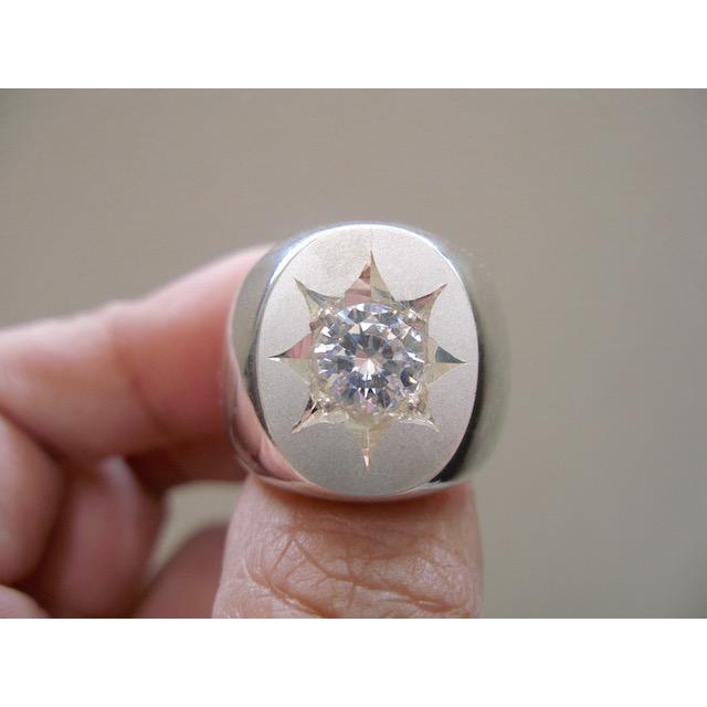 仁尾彫金『一つ星ジルコニアプラチナ楕円の印台リング』ハンドメイド 
