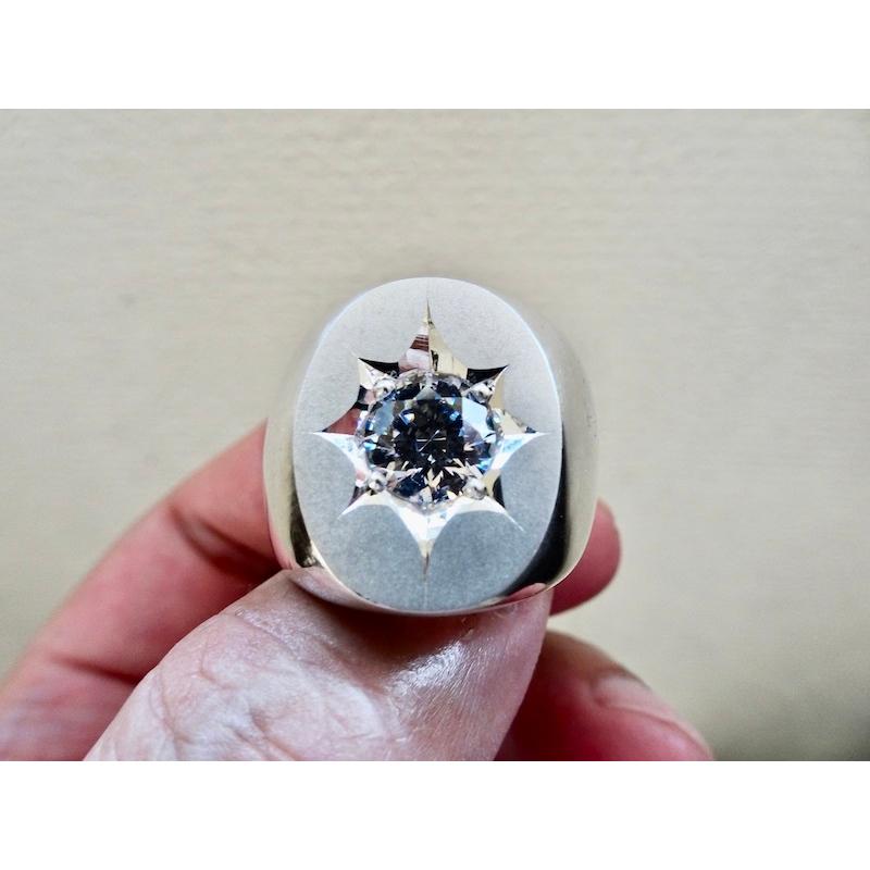 仁尾彫金『一つ星ジルコニアプラチナ楕円の印台リング』ハンドメイド 