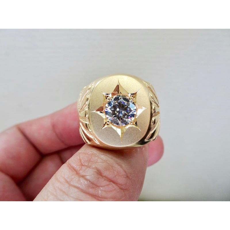 仁尾彫金『一つ星ジルコニア太陽のゴールド楕円印台リング