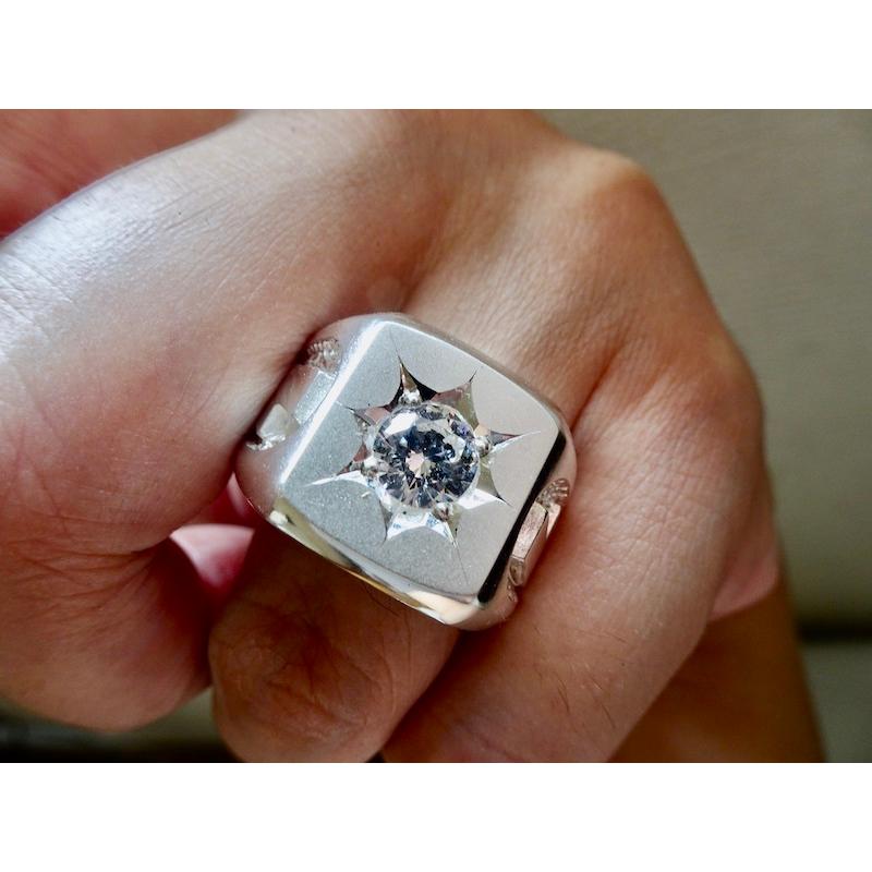仁尾彫金『一つ星ジルコニア、プラチナ、サンダー印台リング  