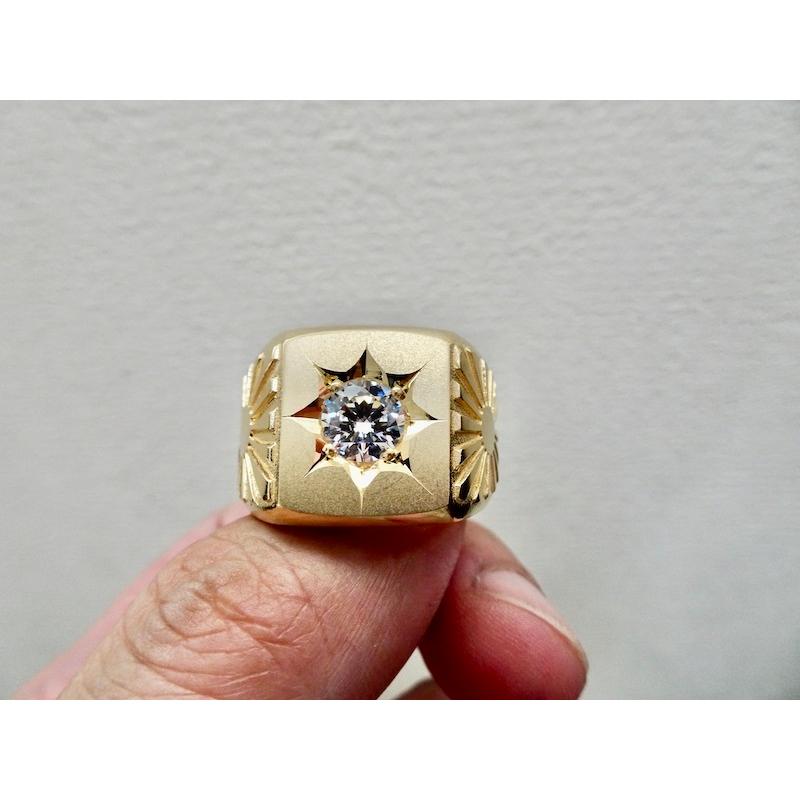 仁尾彫金『一つ星ジルコニア太陽のゴールド印台リング』ハンドメイド 
