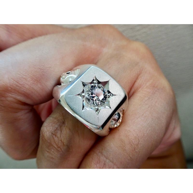 仁尾彫金『一つ星ジルコニア、ラッキースカル印台リング』ハンドメイド  