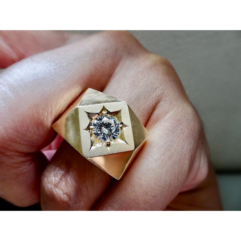 仁尾彫金『一つ星ジルコニア、ブロックゴールドリング』ハンドメイド 