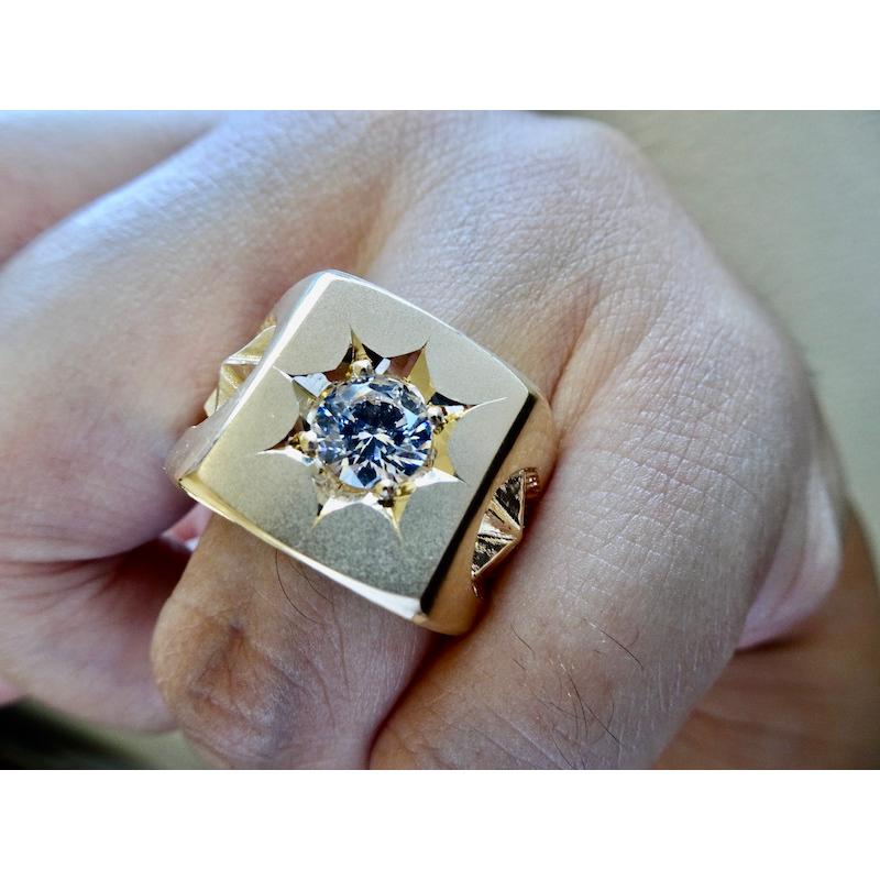 仁尾彫金『一つ星ジルコニア、星とサンダーのゴールド印台リング