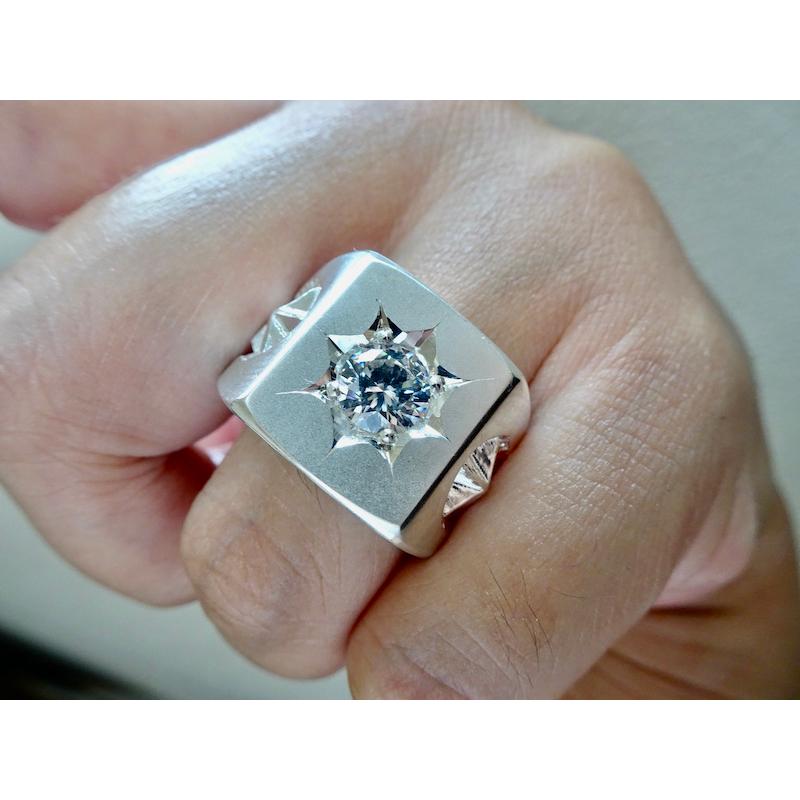 仁尾彫金『一つ星ジルコニア、プラチナ、星とサンダーの印台リング 