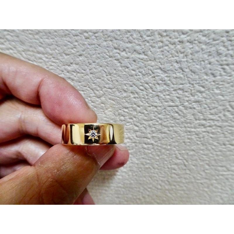 仁尾彫金『一つ星2.3mmダイヤ、幅7mm、ゴールド平打リング 