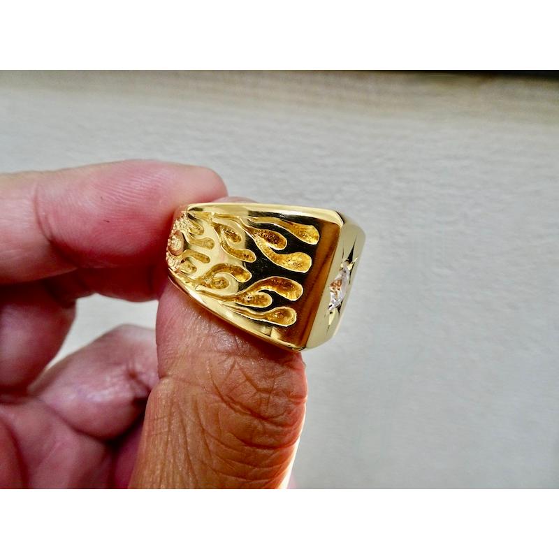 仁尾彫金『一つ星ジルコニア、ファイヤーパターン、ゴールド印台リング 