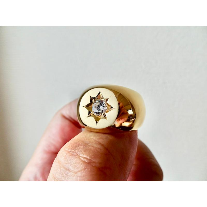 仁尾彫金『一つ星ジルコニア、k18、丸の印台リング』ハンドメイド338