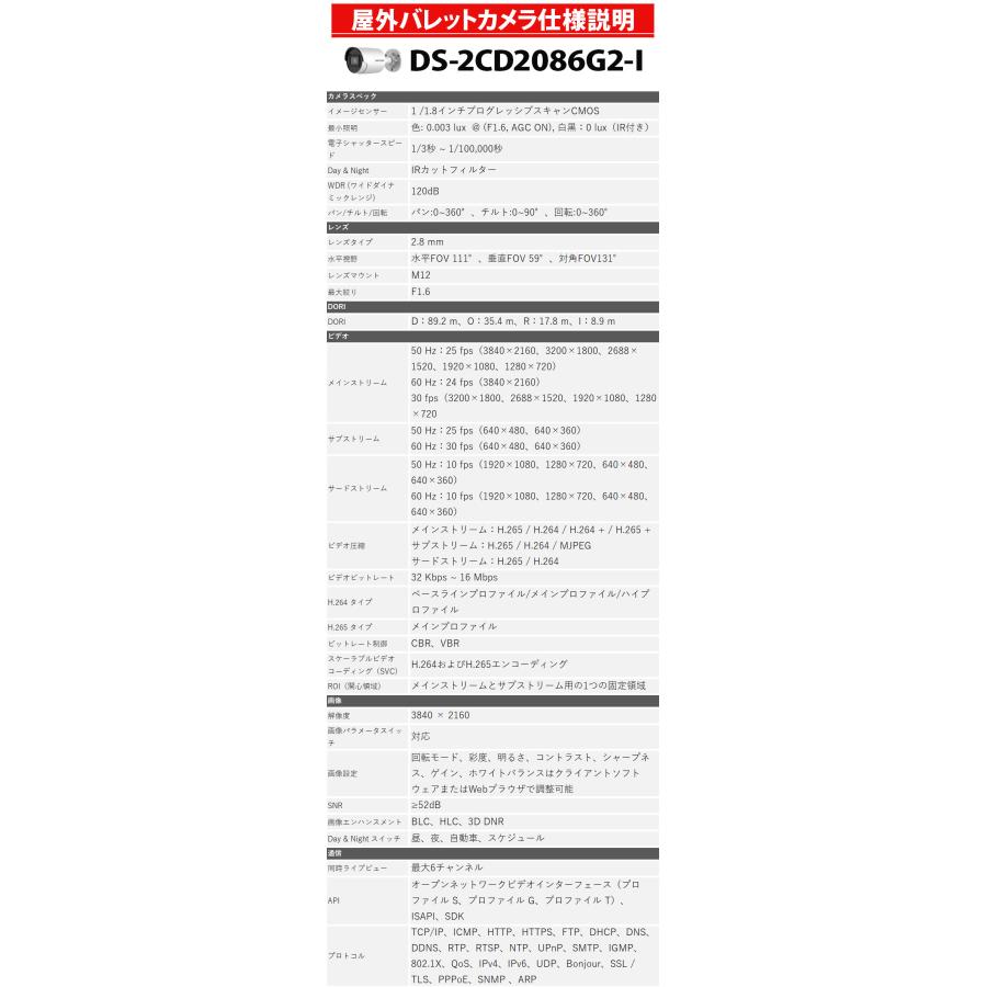 HIKVISION - 防犯写真器 露天 4K スマホ 遠さ PoE 写真器ワット数不必要 DS-2CD2086G2-I 800万絵素 バレット型 水晶体大きさ2.8粍