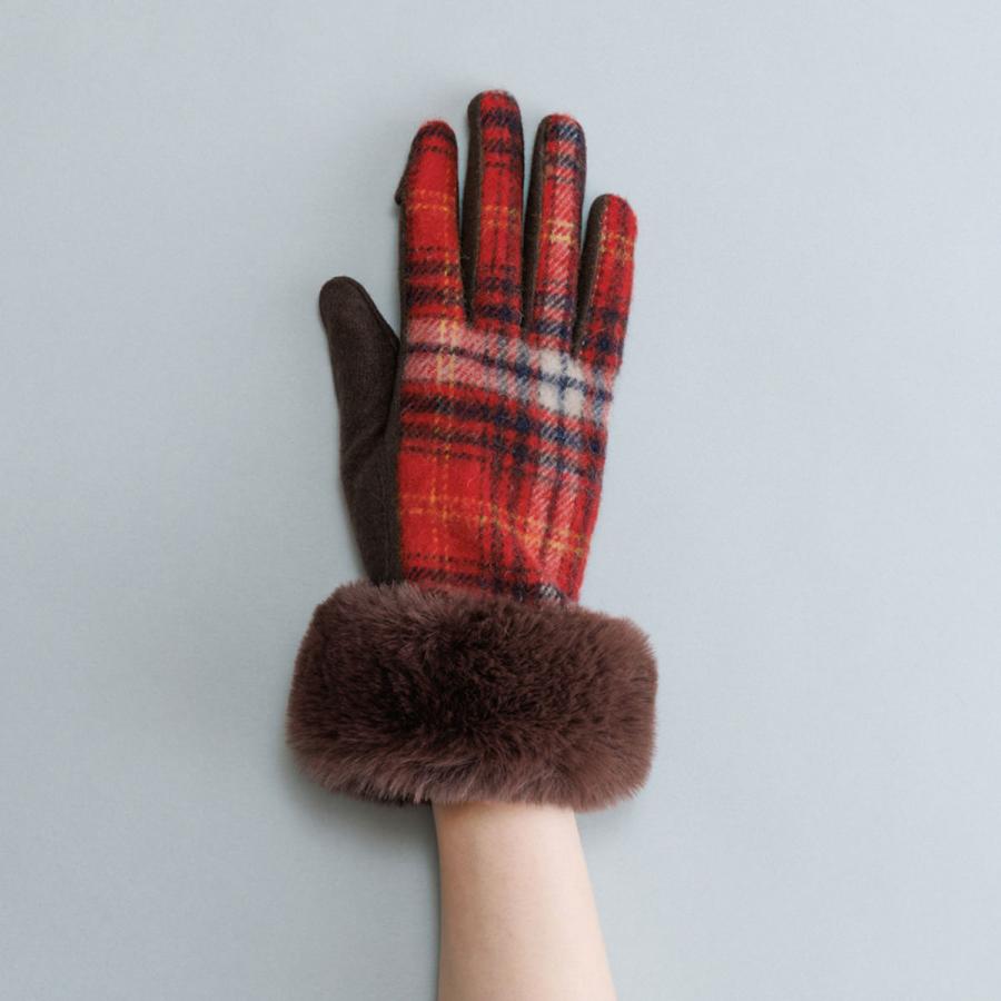 チェック柄ファー付き手袋 KURODA クロダ 女性用 タータンチェック フェイクファー 手袋