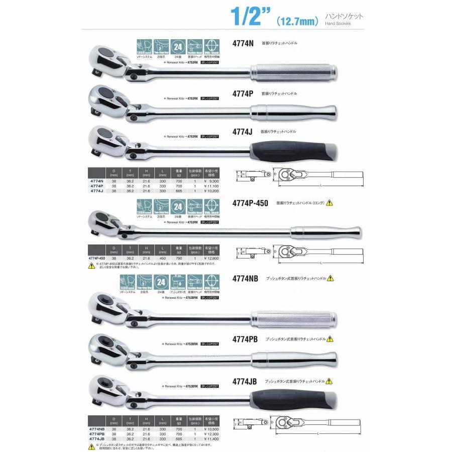 コーケン 1/2(12.7mm)SQ. 首振リラチェットハンドル(ポリッシュグリップ) 全長330mm 4774Pの画像