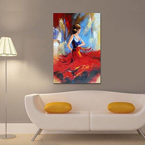 Wieco Art ? 女の子 ダンサー 赤いドレス 完全手描き油絵 装飾用絵画 フレーム無し絵画 リビングの装飾用絵画 壁掛け絵画 壁用絵画 玄関装