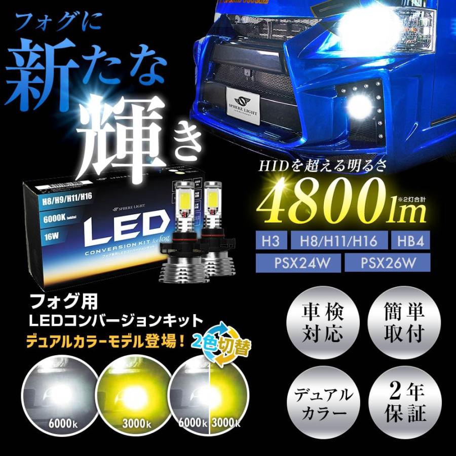 スフィアライト H8 H11 H16 フォグランプ LED バルブ 2色切り替え 6000K ? 3000K 車検対応 4800lm 12V ファンレ_1