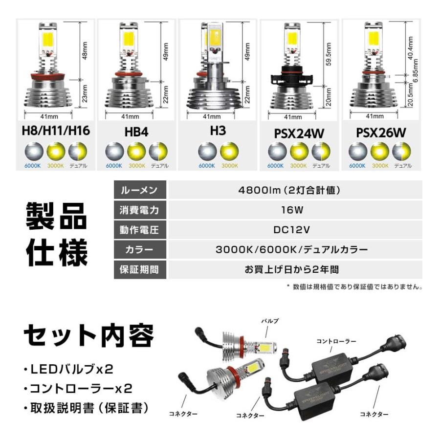 スフィアライト H8 H11 H16 フォグランプ LED バルブ 2色切り替え 6000K ? 3000K 車検対応 4800lm 12V ファンレ_5