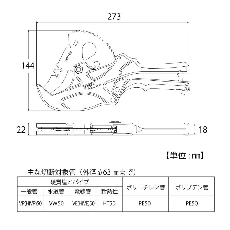 トップ工業 (TOP) エンビパイプカッター 外径63mm切断可能 VP50 切断可能 面取り機能付き 日本製 TVP-63_5