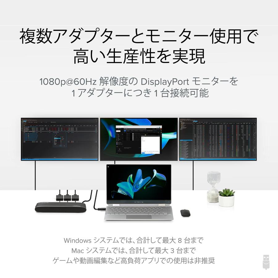 Plugable USB Type-C グラフィック変換アダプター、USB-C DisplayPort 用 Mac Windows 対応、最大解像度