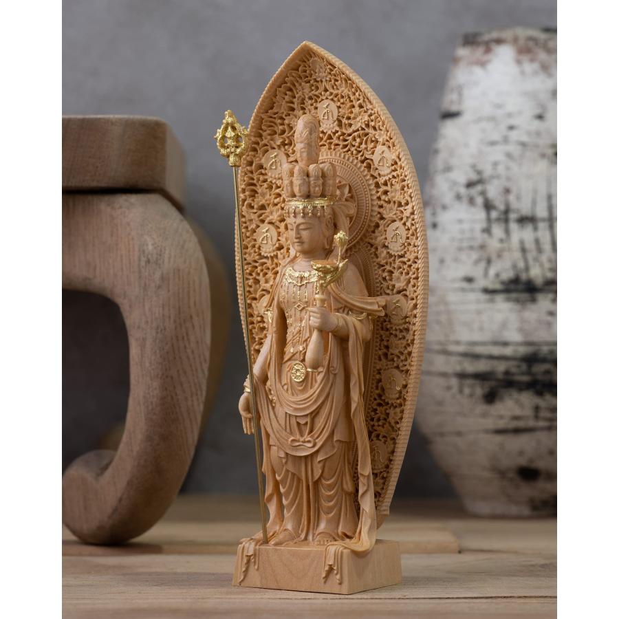 極小仏 十一面観音−12cm長谷寺型（木製：ツゲ 金泥仕上）＿観世音菩薩 仏像 フィギュア 木彫り 置物（GSBじゅういちめんかんのんHSD_1