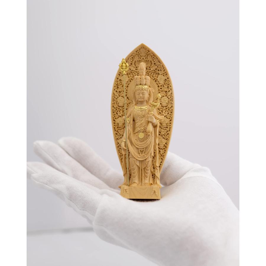 極小仏 十一面観音−12cm長谷寺型（木製：ツゲ 金泥仕上）＿観世音菩薩 仏像 フィギュア 木彫り 置物（GSBじゅういちめんかんのんHSD_6