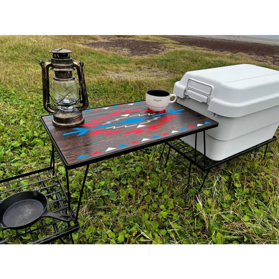 OUTDOORSHIN フィールドラック オルテガ柄 天然木製天板 マルチラック 収納ラック キャンプ アウトドアテーブル 折りたたみ テーブル 黒メの画像