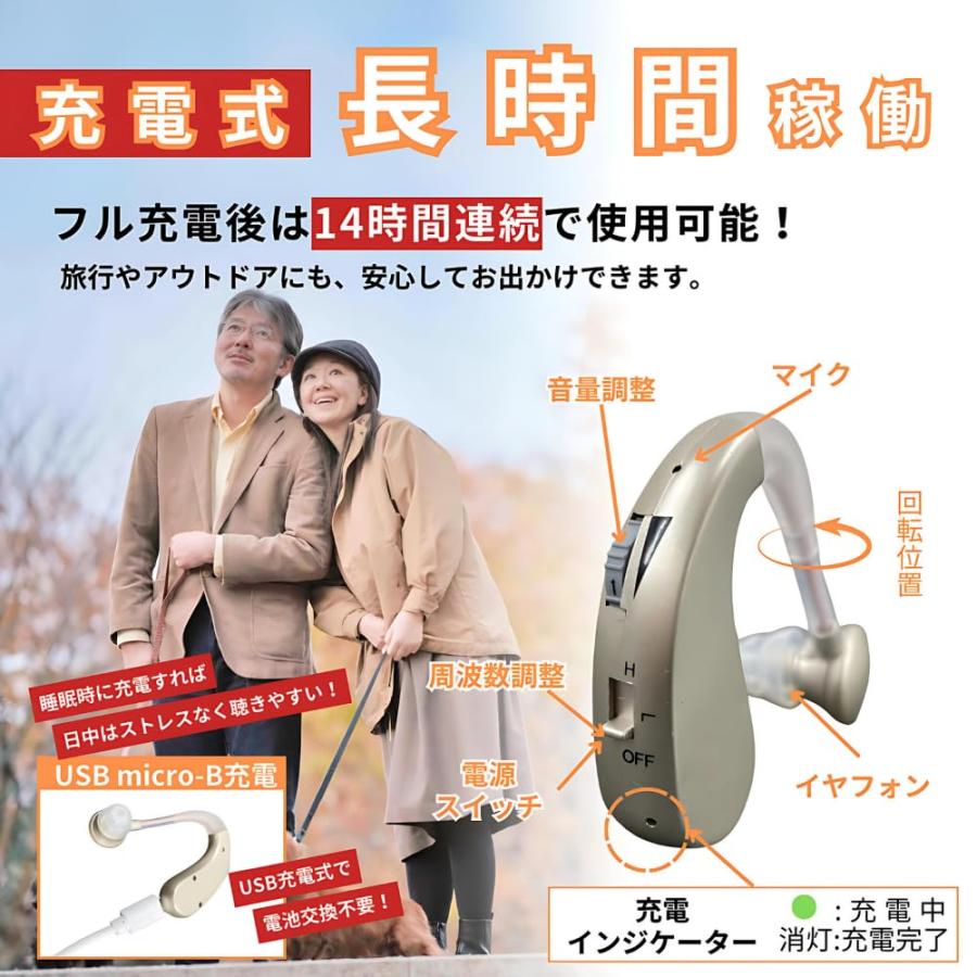 耳穴式 集音器 高齢者 充電式 左右 両耳 兼用 小型 軽量 耳掛け 高感度