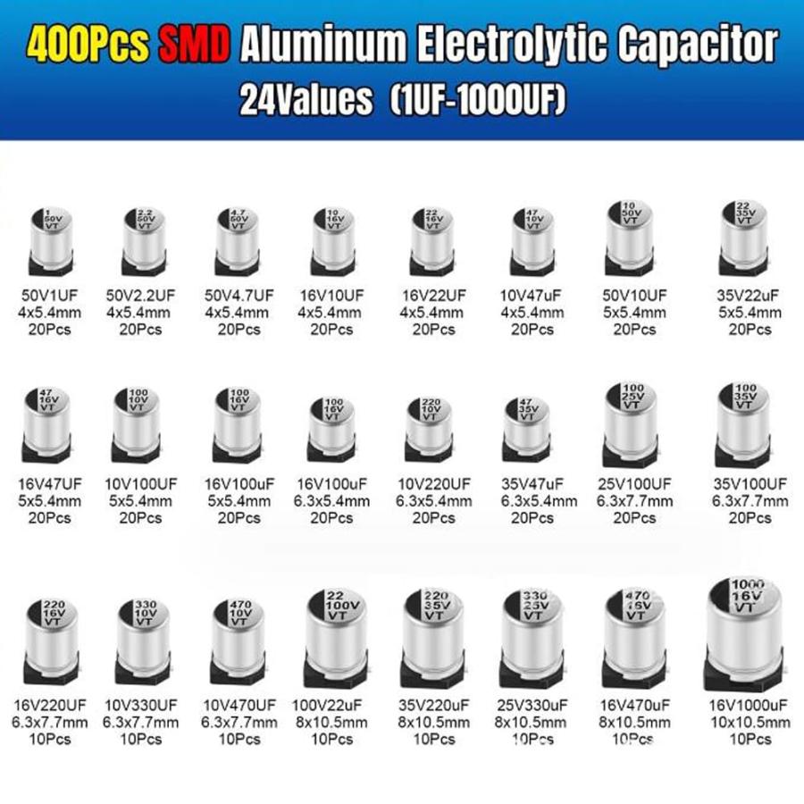 GOODCHI 電解コンデンサ 400個24値SMD電解 1uF - 1000uF 電子部品