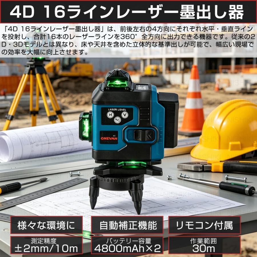 レーザー墨出し器 16ライン 4×360° グリーンレーザー 自動補正 高精度