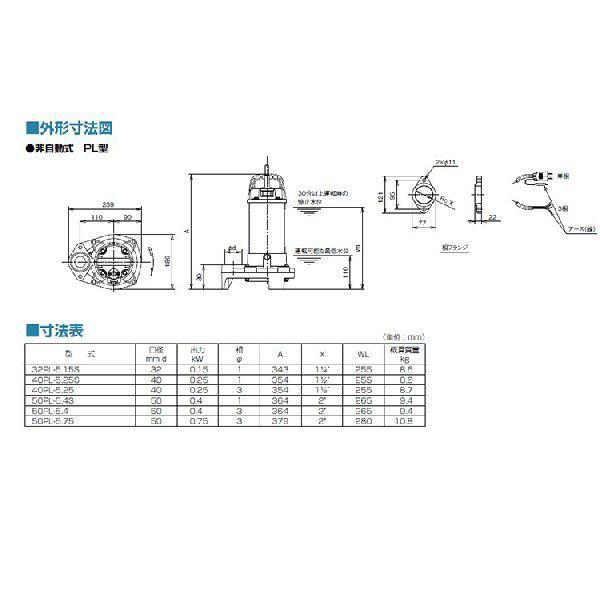 テラル水中ポンプ 50PL-5.4S 単相100V 50Hz 非自動型 小型汚水用 テラル水中ポンプ 50PL-5.4S 単相100V 50Hz 非自動型 小型汚水用