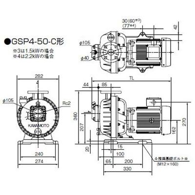 川本 海水用 自吸式プラスチックポンプ GSP4-505-CE1.5 三相200V 50Hz 　送料無料 但、一部地域除 代引/同梱不可｜nishikigoiootani｜03