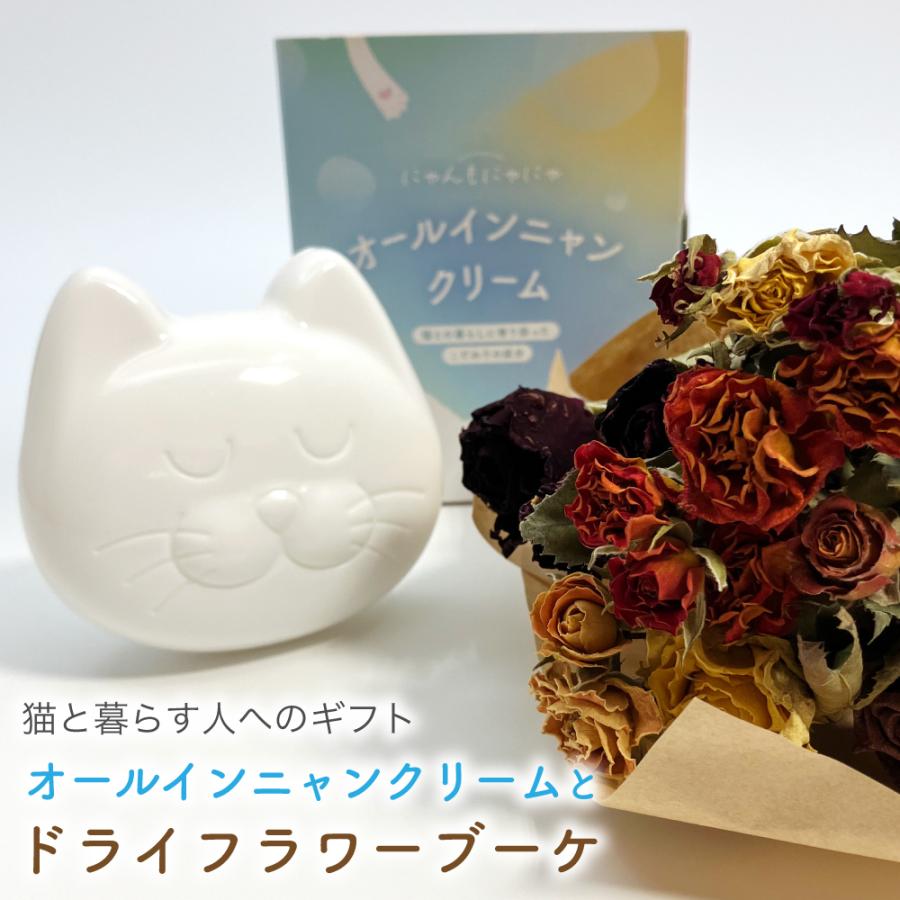 猫と暮らす方へのギフト にゃんもにゃにゃ オールインニャンクリーム(人間用基礎化粧品) と猫にも安心なドライフラワーブーケ 2026 お歳暮 | 