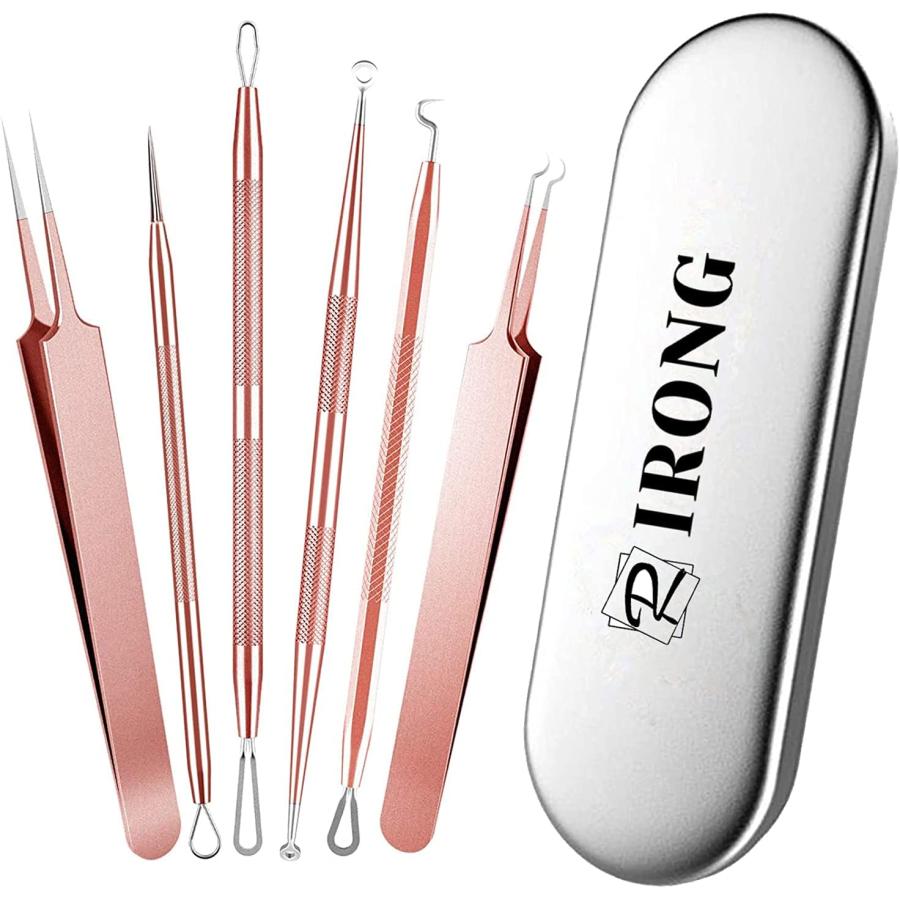 今季ブランド Irong 毛抜き 角栓取り 専用6本セット 毛穴ケア ピンセット ニキビ取りピンセット コメドプッシャー ケース シルバー ピンク