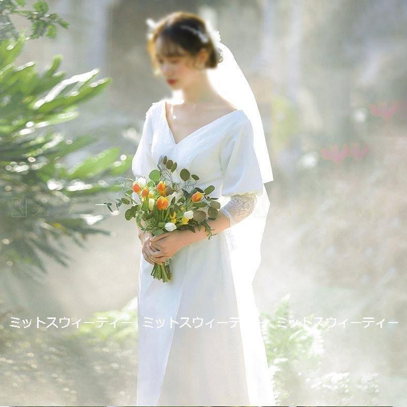 ウェディングドレス ロングドレス 結婚式 クラシック ウエディングドレス 二次会 花嫁 前撮り エレガント サテン ホワイト シンプル リゾートドレス ワンピース 保障できる