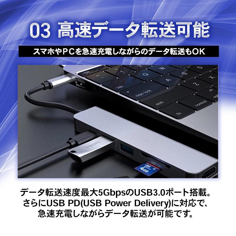 USB Type-C ハブ 6in1 SDカードリーダー HDMI ポート 4K PD対応 USB 3.0 USB-C タイプC Macbook Android iPad ノートパソコン Surface 高速転送 音楽 写真 軽量｜nishiogiinterior｜04