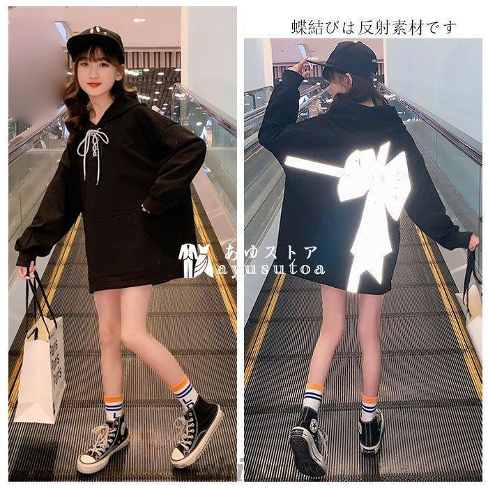 子供服 ゆったり パーカー スウェット ワンピース かわいい 女の子 パーカー 長袖 蝶結び ブラック ミドル丈 衛衣 フード付き 春秋 キッズ ミドル丈 パーカー 日本最大のブランド