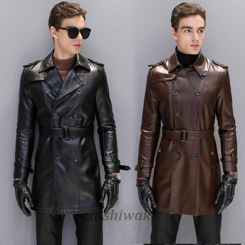 トレンチコート メンズ フェイクレザー ロング ダブル 高級合革 ロングコート 革コート ベルト付き 秋冬 柔らか 上質 紳士服 通勤ビジネス  防寒コート :man-0118bqlb496:西脇通販 - 通販 - Yahoo!ショッピング