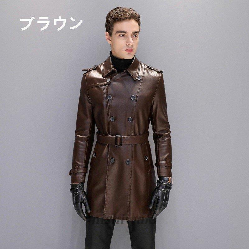 トレンチコート メンズ フェイクレザー ロング ダブル 高級合革 ロング 