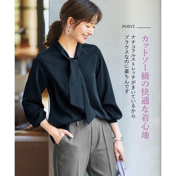 トップス レディース ブラウス ストレッチ パウダーサテン ボウタイ
