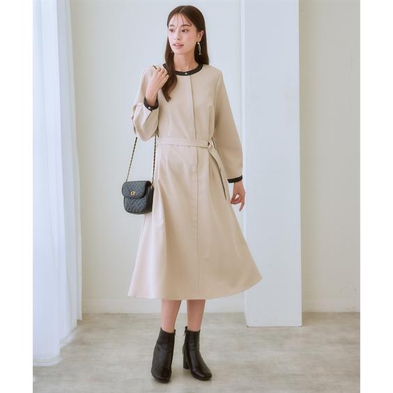 美品✨現行✨アンタイトル　ワンピース　ベルト　ベージュ　44 大きいサイズ アンタイトル大きいサイズ44 バンドカラー ワンピース ベルト付 洗える