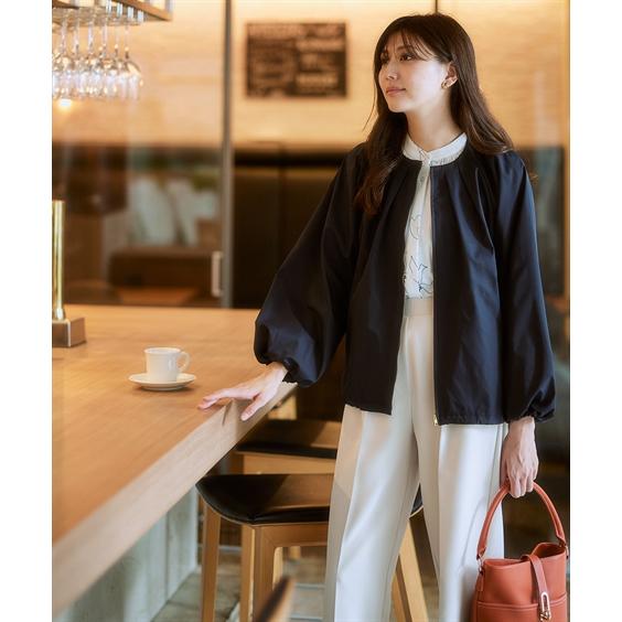 レディース　洋服　ファッション　大きいサイズ アウター ブルゾン レディース タック ノーカラー ボリューム袖 大きい