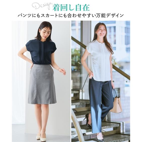 レディース ブラウス 半袖 洗える ストレッチパウダーサテン しわに