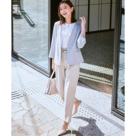 グレー ノーカラーウール風ジャケット ニッセン アウター ジャケット レディース 夏 S-LL 洗える 麻調