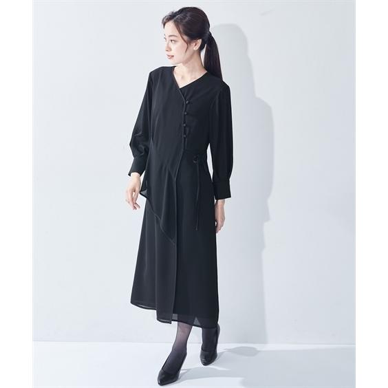 喪服 礼服 レディース ブラックフォーマル ワンピース 大きいサイズ 夏用 前開き 洗える 日本製生地 S-8L アシメ切替 ニッセン b0 冠婚葬祭 喪服
