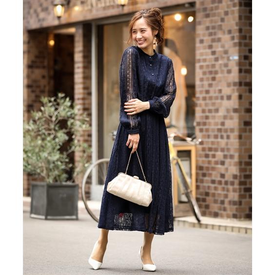 欠品カラー再入荷 ドレス パーティー 大きいサイズ レディース 前開き ボタン スタンドカラー 総レース ワンピース 結婚式 二次会 お呼ばれ対応 ネイビー 再値下げ Elskaveda Com