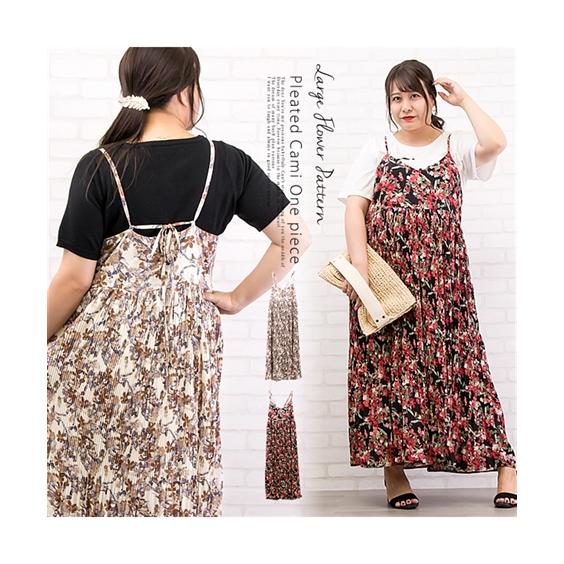 ワンピース ロング マキシ 大きいサイズ レディース 大花柄 プリーツ キャミ 3l 4l ニッセン Nissen Zzy43a6417 ニッセンyahoo 店 通販 Yahoo ショッピング