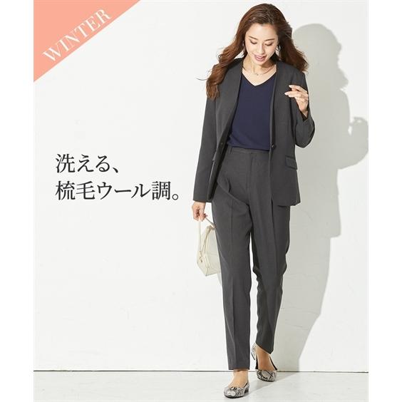 スーツ パンツ レディース 洗える 梳毛 ウール調 ノーカラー カラーレス ジャケット 9分丈テーパード S M L ニッセン Nissen Zzy43c25 ニッセンyahoo 店 通販 Yahoo ショッピング