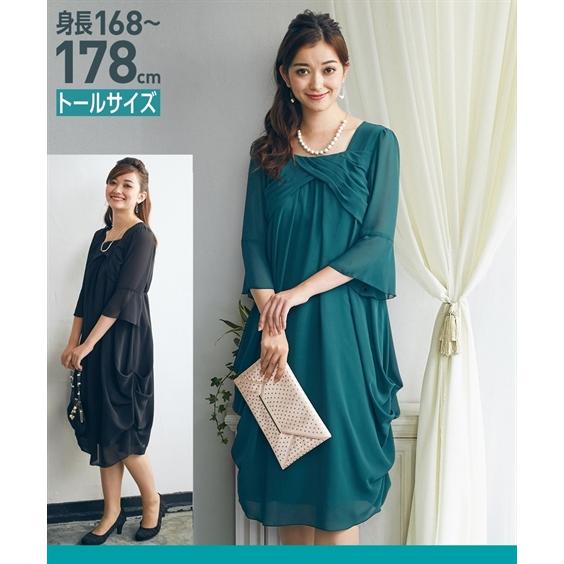 通販 ドレス パーティー トールサイズ レディース 両脇ドレープ シフォン ワンピース グリーン 黒 9 11 13号 ニッセン Nissen Zzy4317f6151